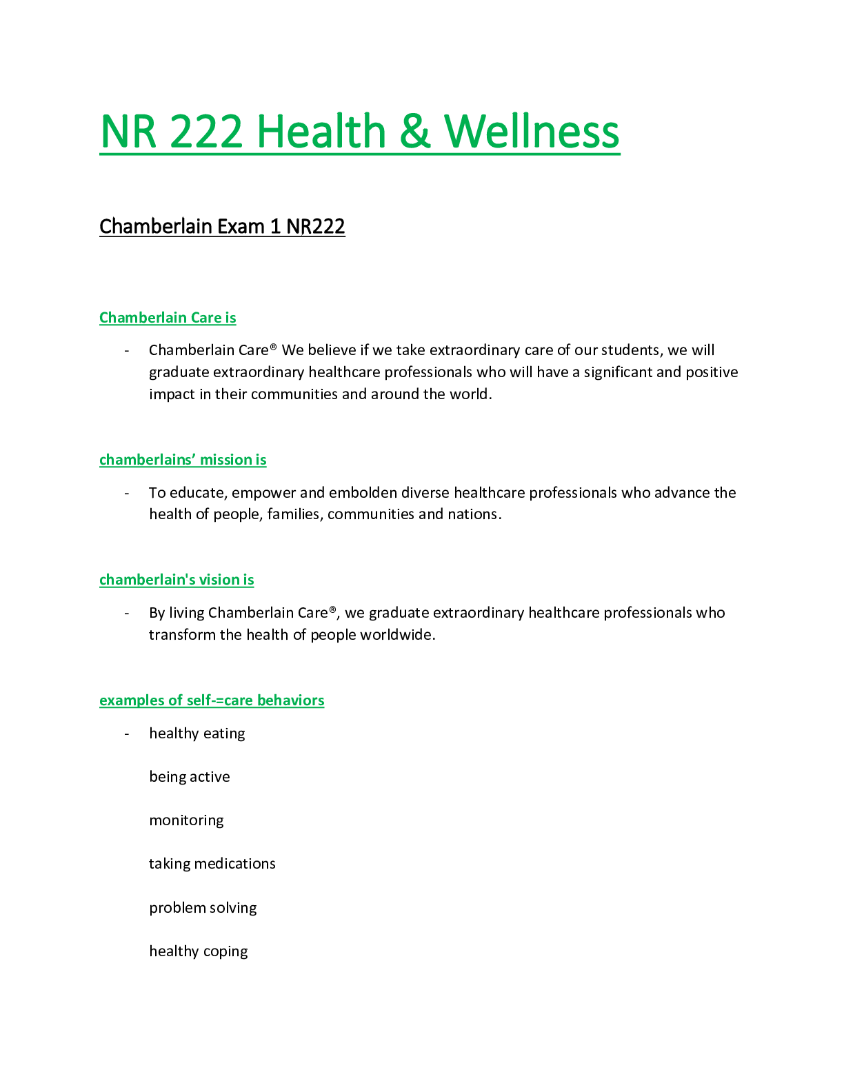 Preview of NR222 / NR 222 Exam 1 (Latest Update): Health & Wellness -  Chamberlain